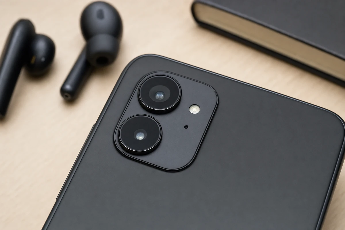 Retro di uno smartphone nero con doppia fotocamera e piccolo forellino vicino al modulo camere