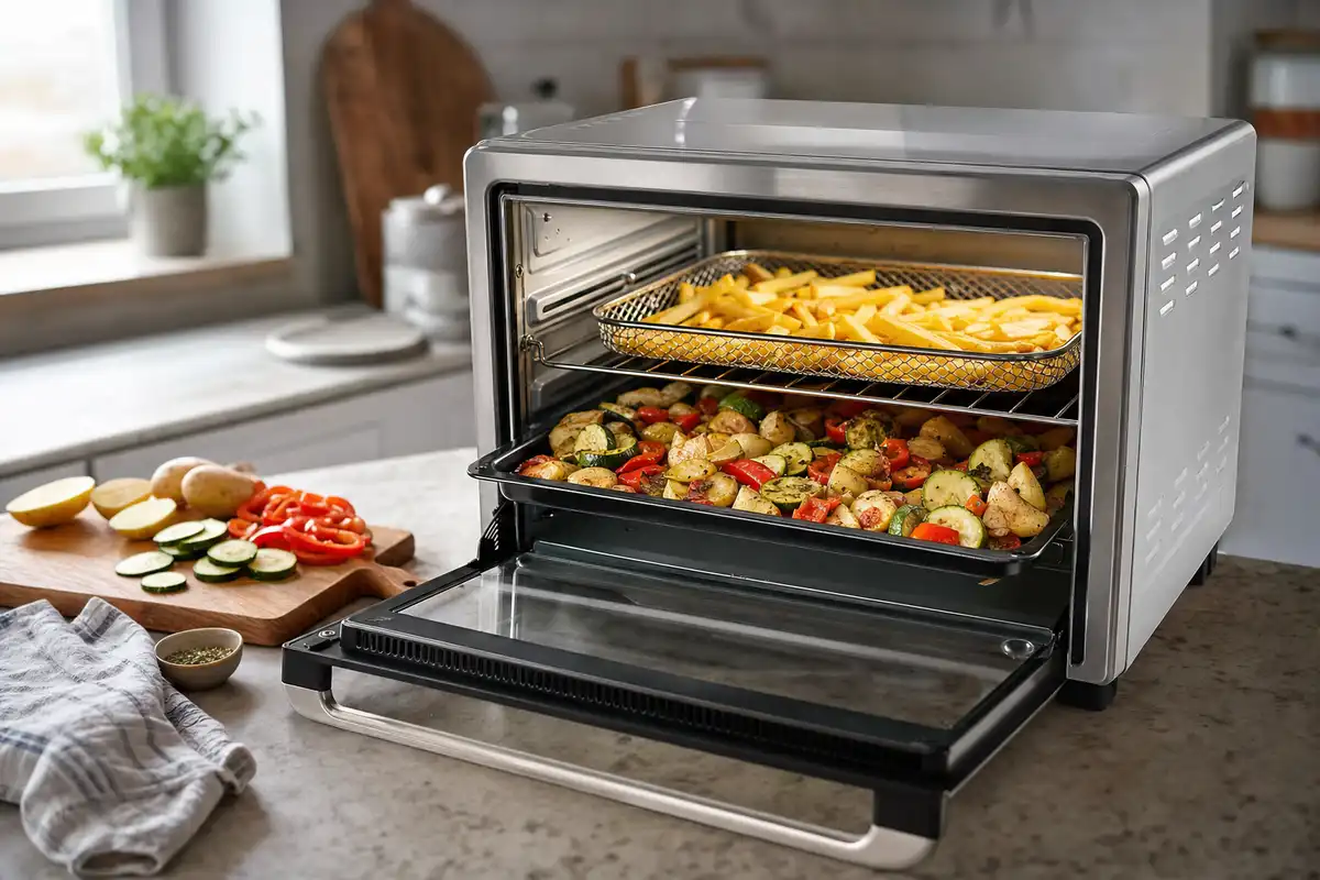Forno elettrico da banco in acciaio con porta aperta, patatine su griglia e verdure arrostite su teglia
