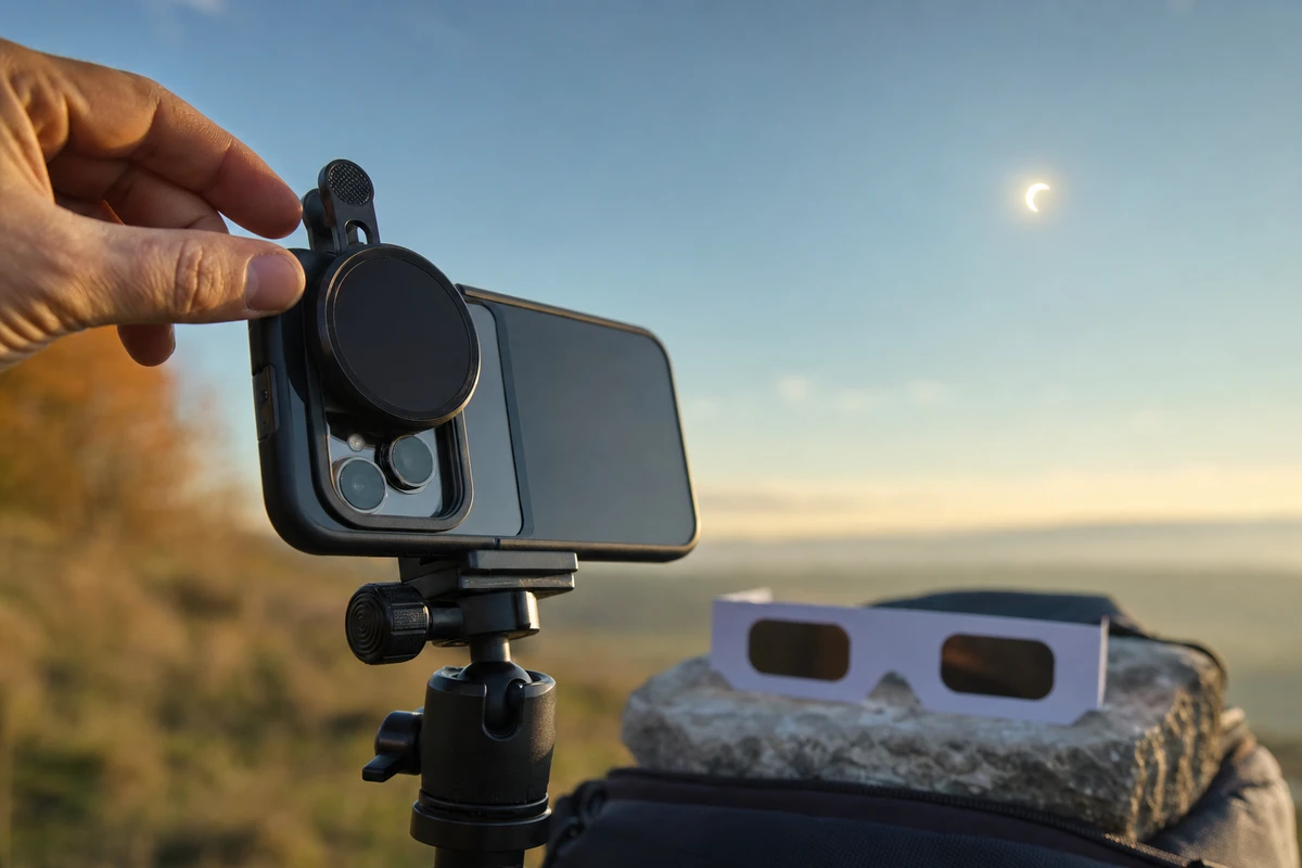 Smartphone su treppiede con filtro solare a clip, mano che lo regola e falce di eclissi nel cielo