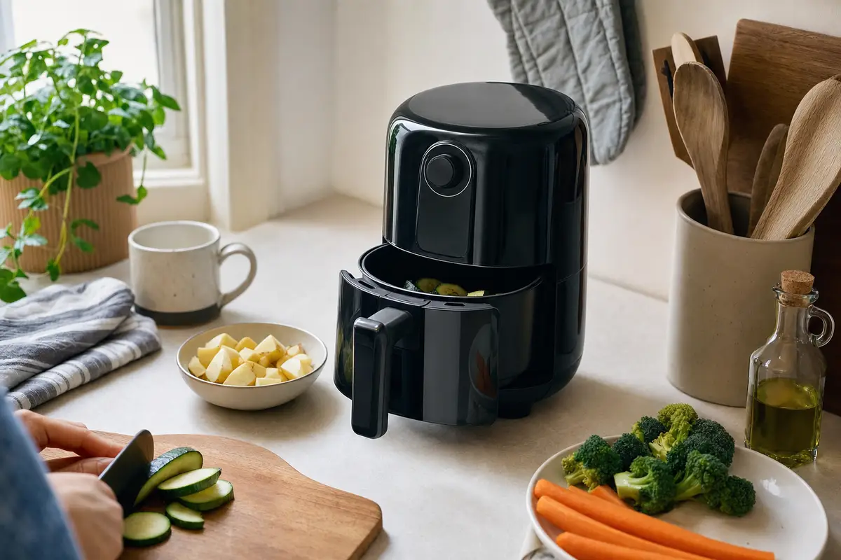 Friggitrice ad aria compatta nera su piano cucina con cestello aperto, patate a cubetti e verdure pronte da cuocere