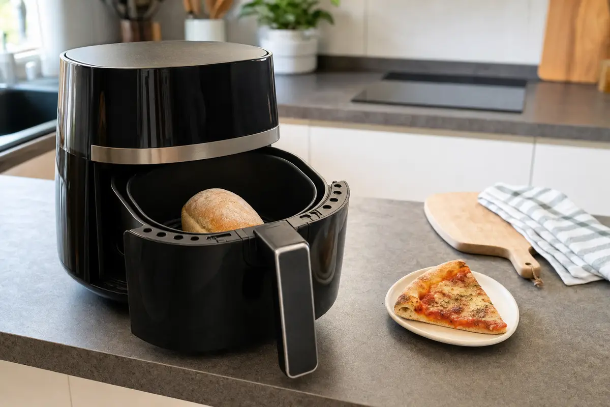 Friggitrice ad aria aperta con panino nel cestello e fetta di pizza su un piattino sul piano cucina
