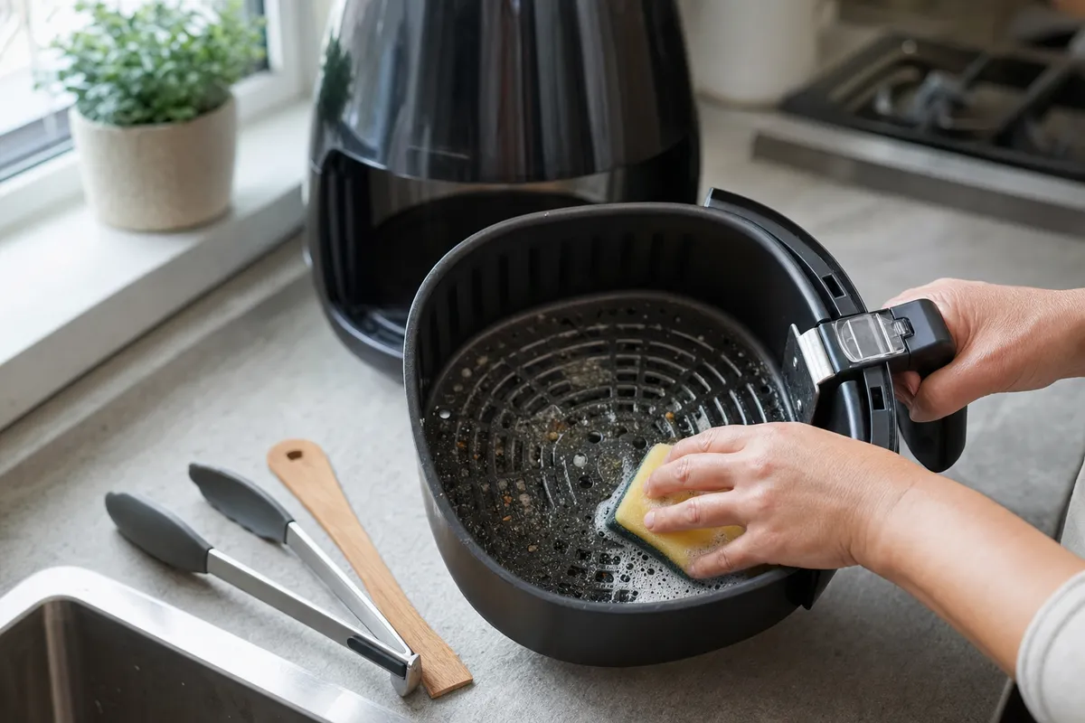 Mani che puliscono con una spugna il cestello della friggitrice ad aria con residui di cibo sul fondo