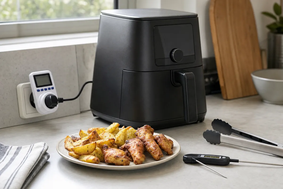Friggitrice ad aria su piano cucina con misuratore di consumo, piatto di patate e alette di pollo, pinze e termometro