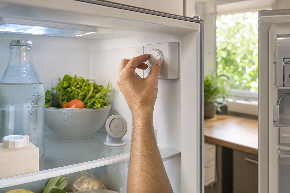 Mano che regola la manopola della temperatura nel frigorifero aperto, con bottiglia d’acqua e verdure