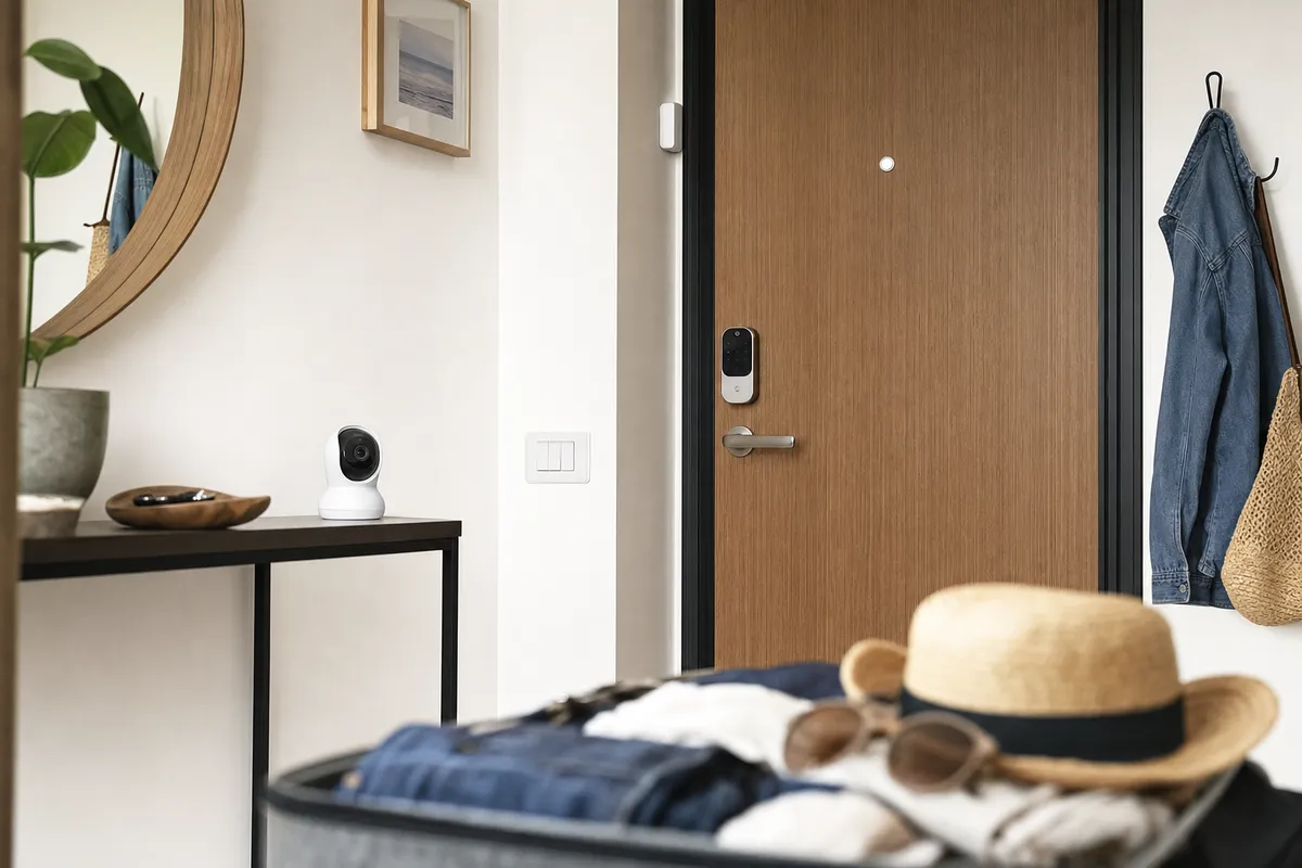 Ingresso di casa con videocamera di sicurezza su consolle, sensore sul telaio porta e serratura smart, valigia in primo piano