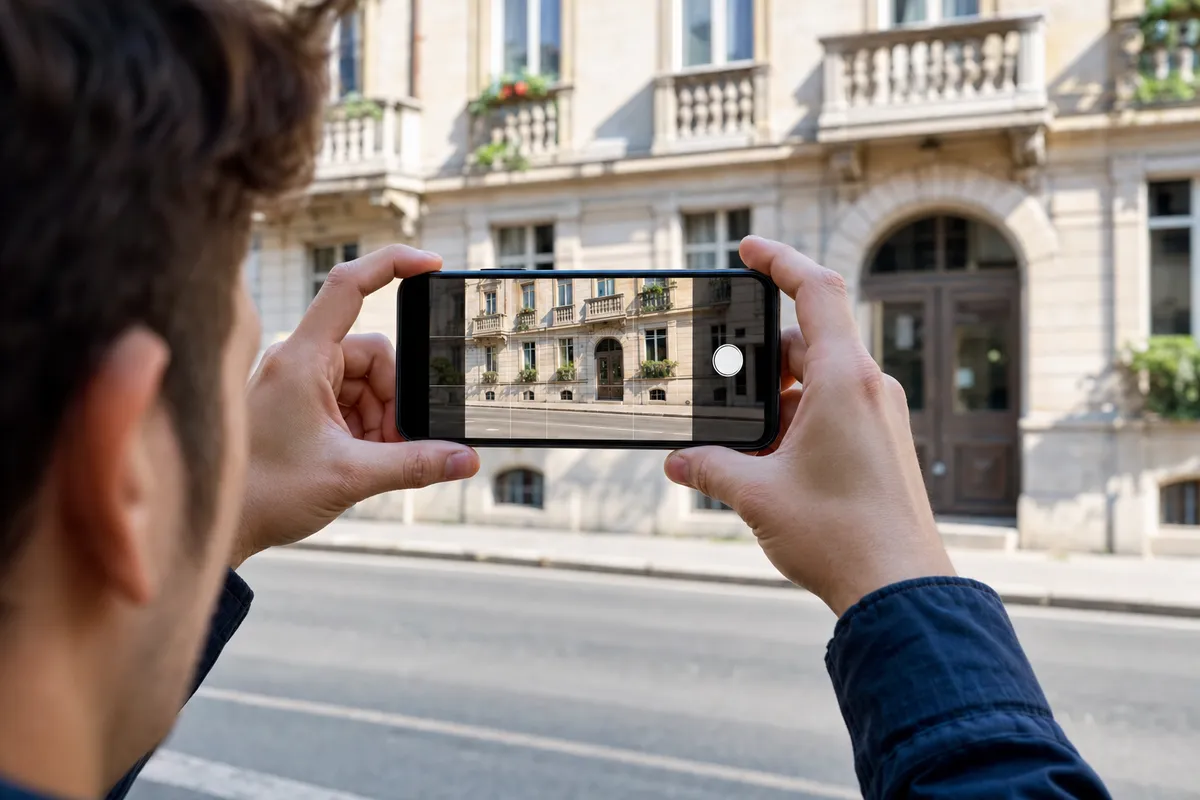 Persona riprende con lo smartphone la facciata di un edificio illuminato dal sole, con griglia di composizione sullo schermo