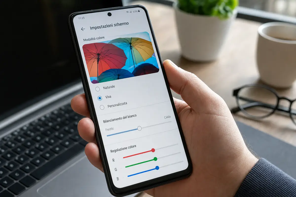 Smartphone in mano con Impostazioni schermo aperte, modalità Viva e cursori bilanciamento del bianco e RGB
