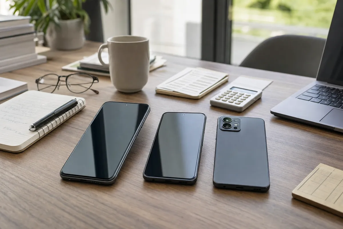 Tre smartphone senza logo su una scrivania di legno con taccuino, penna, occhiali e calcolatrice