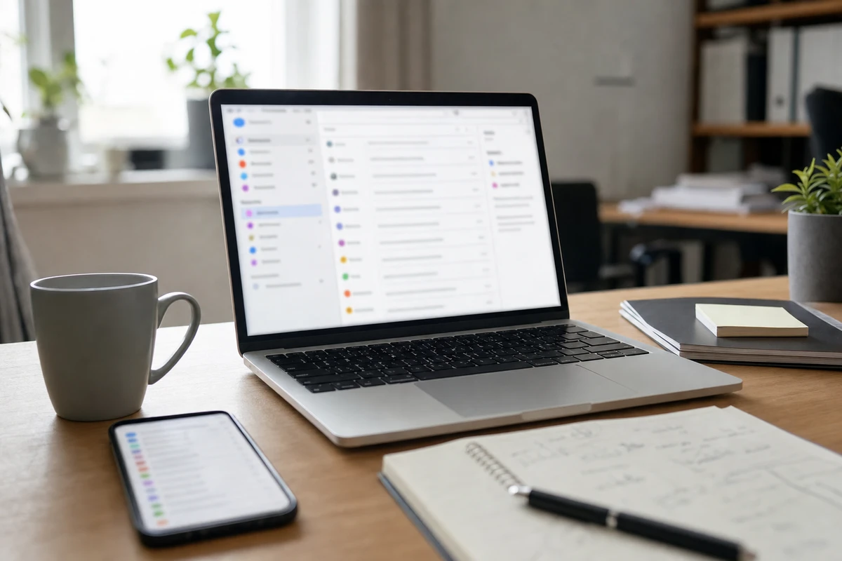 Laptop su scrivania con casella email aperta, smartphone con app di posta, tazza e quaderno con penna
