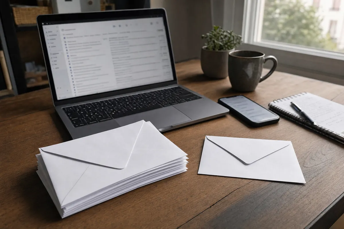 Scrivania con laptop su casella email, smartphone e buste bianche, una separata dal mucchio vicino a tazza e taccuino