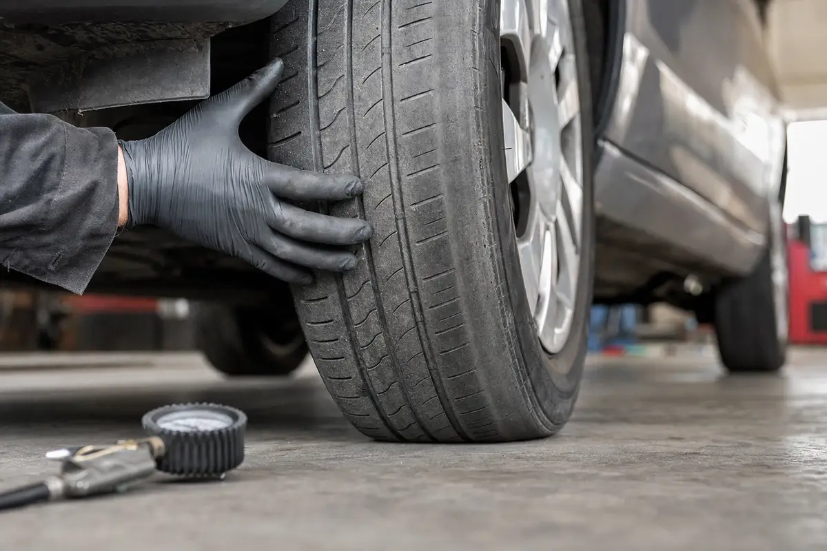 Mano con guanto controlla il battistrada di uno pneumatico consumato in modo irregolare in officina