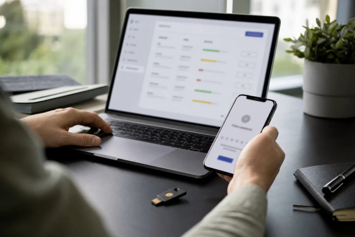 Mani su laptop con gestore password sfocato e smartphone con schermata di verifica, su scrivania con chiave di sicurezza