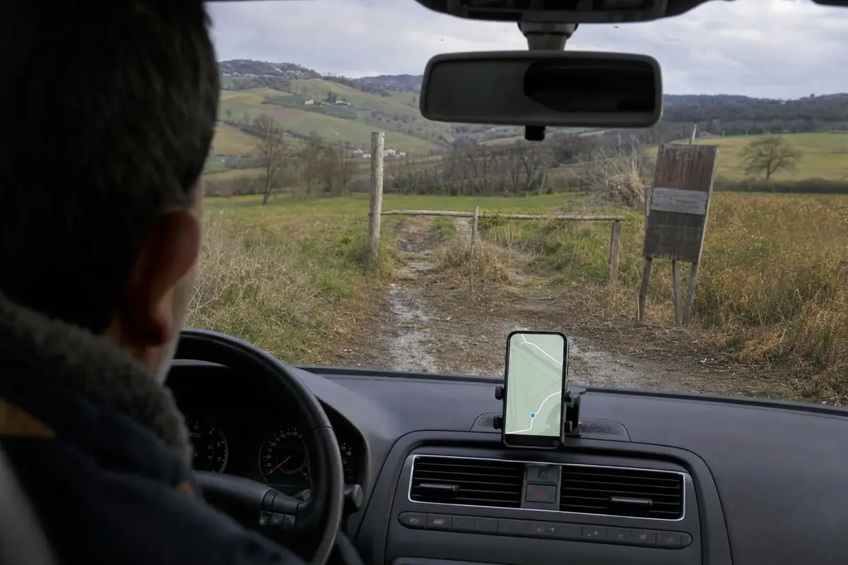 Guidatore in auto con smartphone sul cruscotto e strada sterrata rurale sbarrata da una sbarra di legno