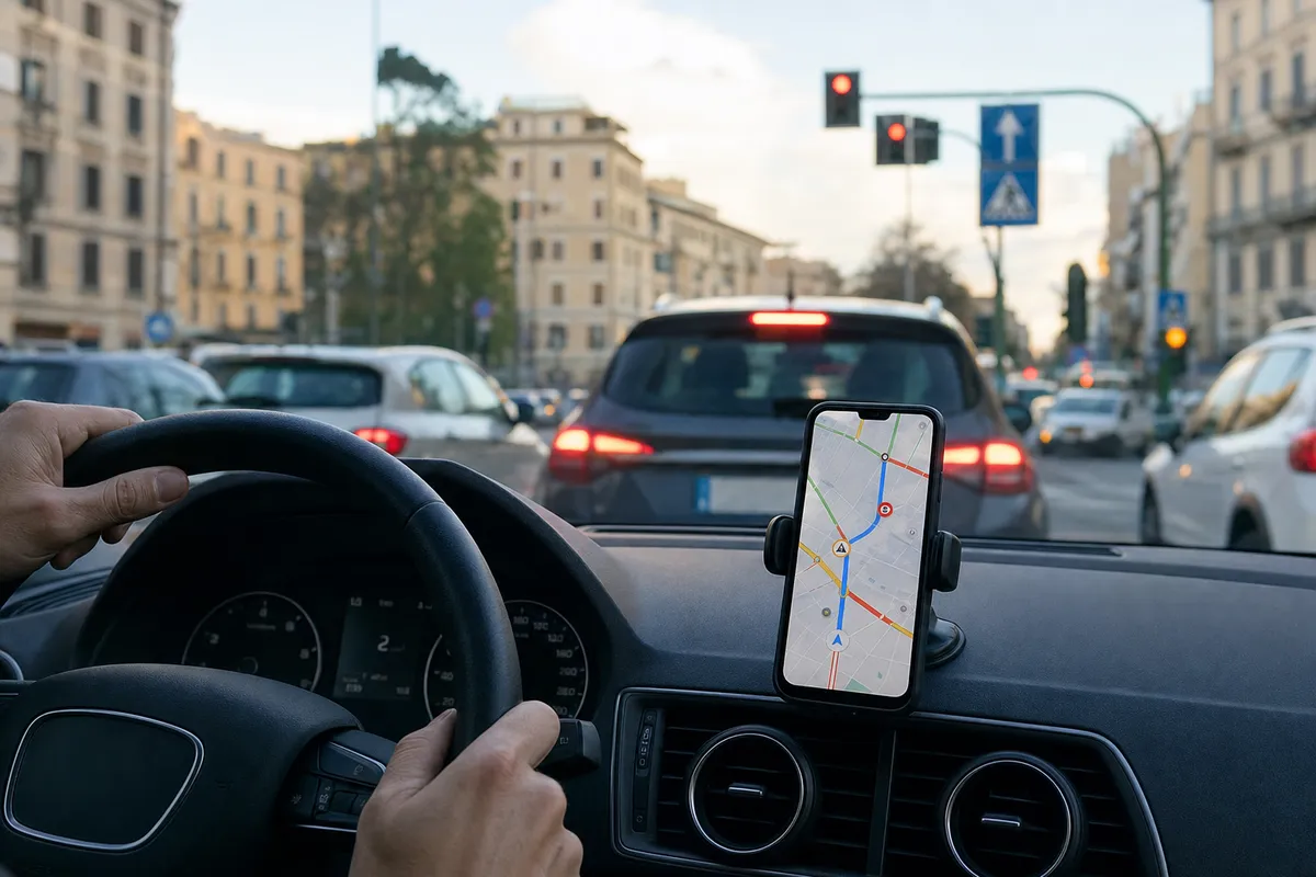 Smartphone sul cruscotto con mappa di navigazione mentre l’auto è ferma al semaforo nel traffico cittadino