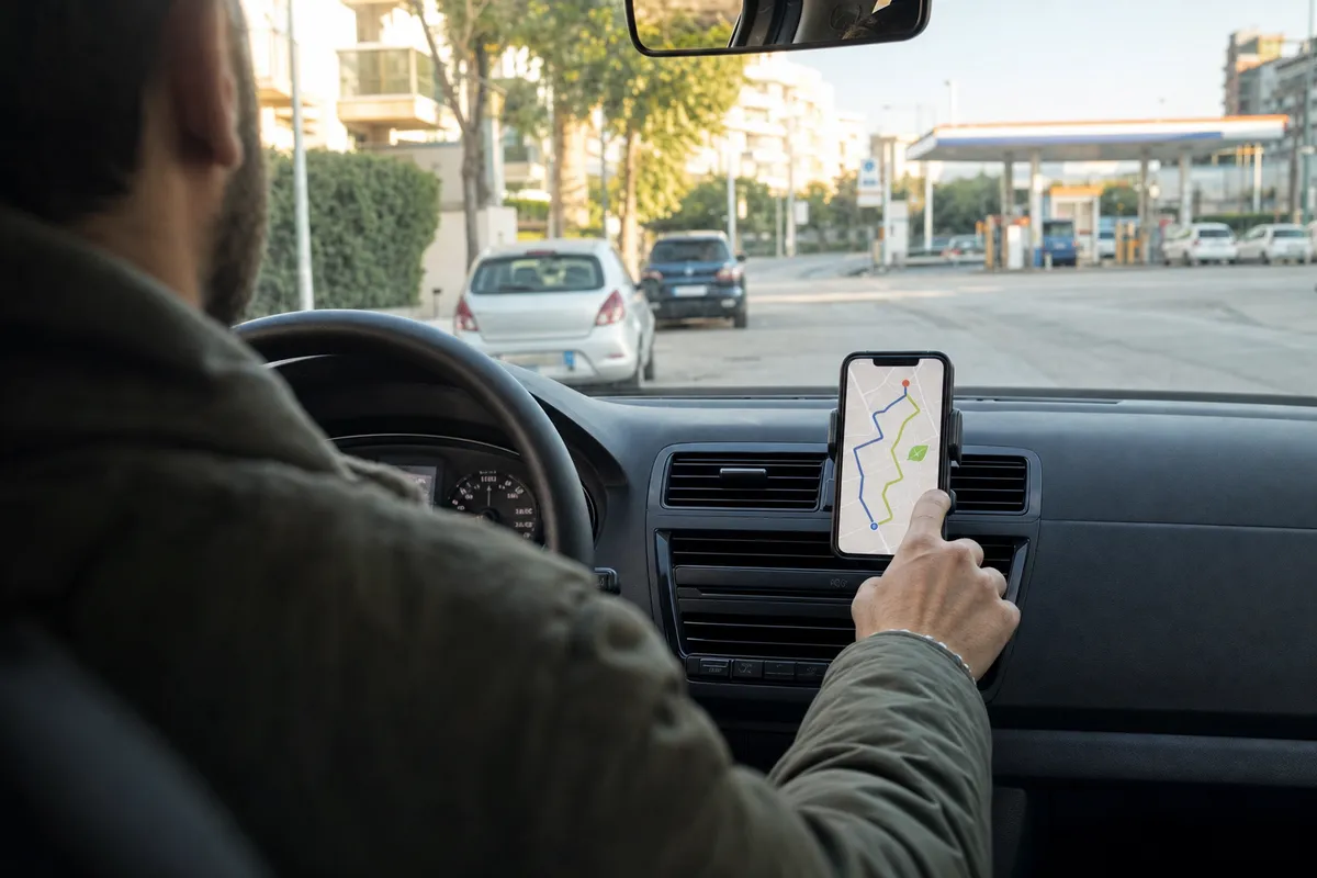 Guidatore in auto con smartphone sul cruscotto che mostra due percorsi sulla mappa e un’icona a foglia verde
