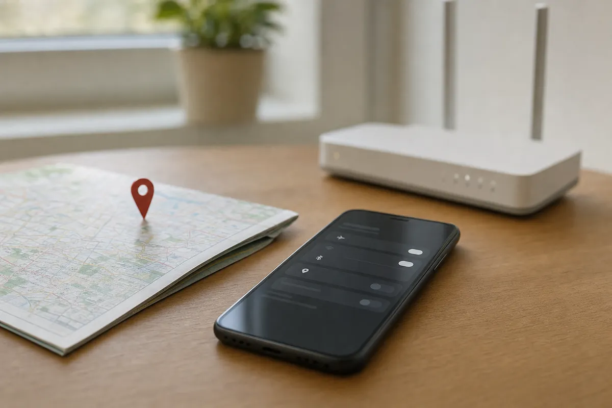Smartphone con interruttori di impostazioni accanto a una mappa cartacea con pin e un router Wi‑Fi sullo sfondo