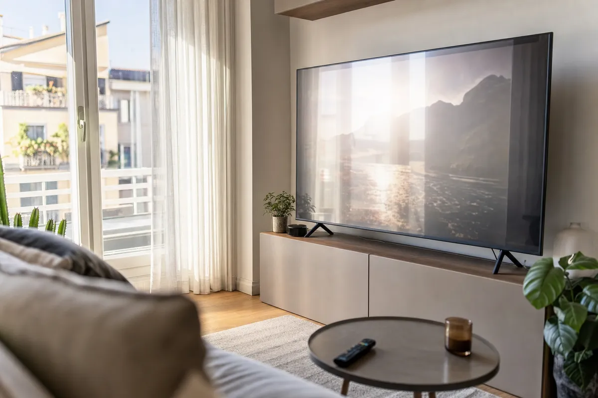 Smart TV accanto a una finestra luminosa con riflessi sullo schermo, salotto moderno con divano e telecomando