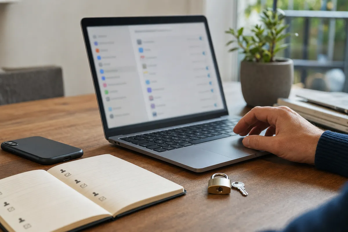 Mano sul trackpad davanti a laptop con schermata impostazioni sfocata, taccuino contatti, smartphone e lucchetto sul tavolo