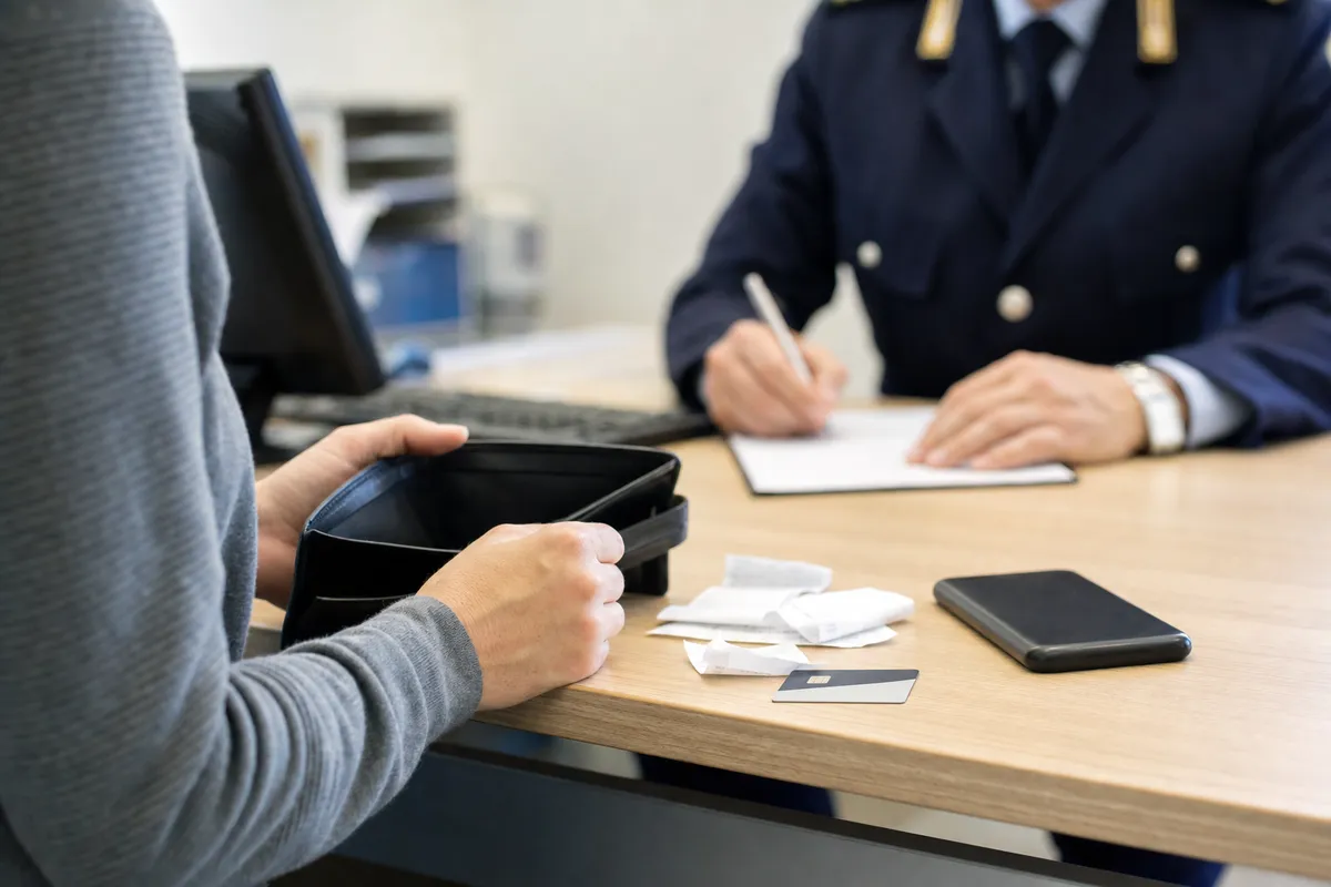Persona con portafoglio aperto e ricevute su un bancone, mentre un agente compila un modulo; telefono e carta sul tavolo