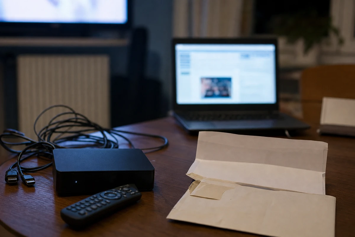 Decoder TV con telecomando e cavi su un tavolo, accanto a una busta aperta e un portatile sfocato
