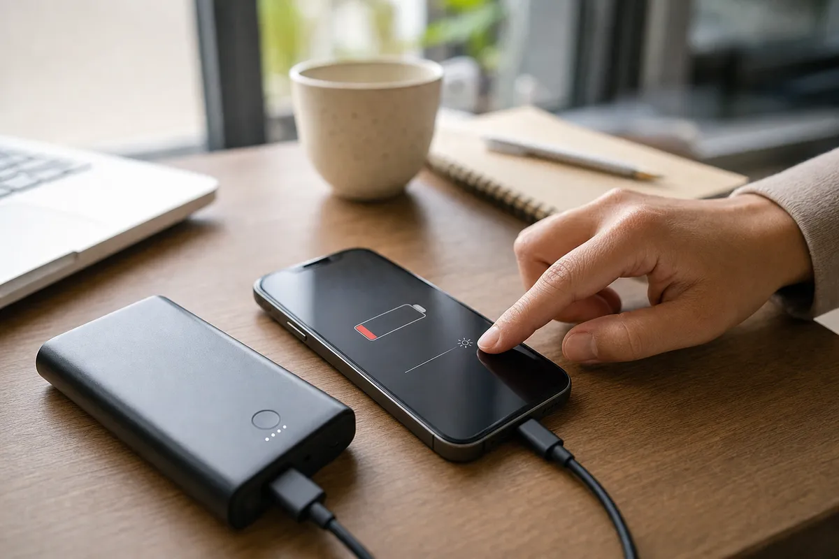 Smartphone con icona batteria quasi scarica e regolazione luminosità, collegato a power bank su scrivania
