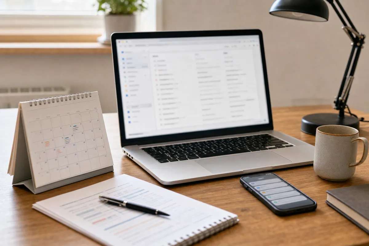 Scrivania in home office con laptop sfocato, smartphone con notifiche, calendario da tavolo, documenti, penna e tazza di