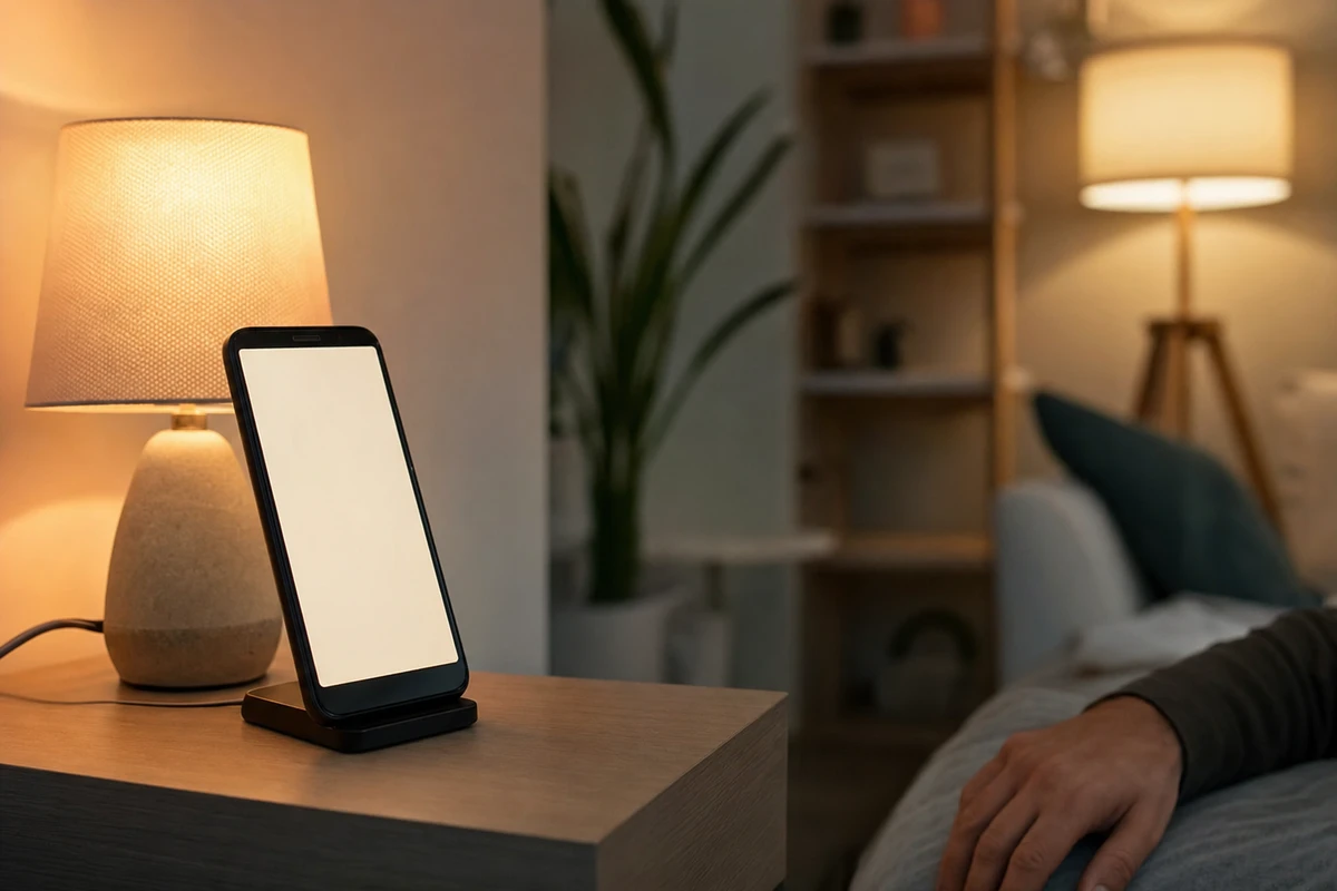 Smartphone su supporto accanto a una lampada da comodino in una stanza illuminata di sera