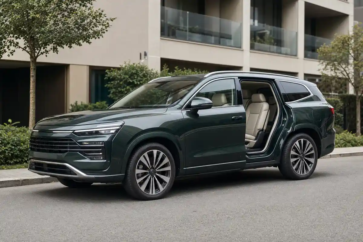 SUV grande verde scuro parcheggiato in strada davanti a palazzi moderni, con portiera posteriore aperta e interni chiari