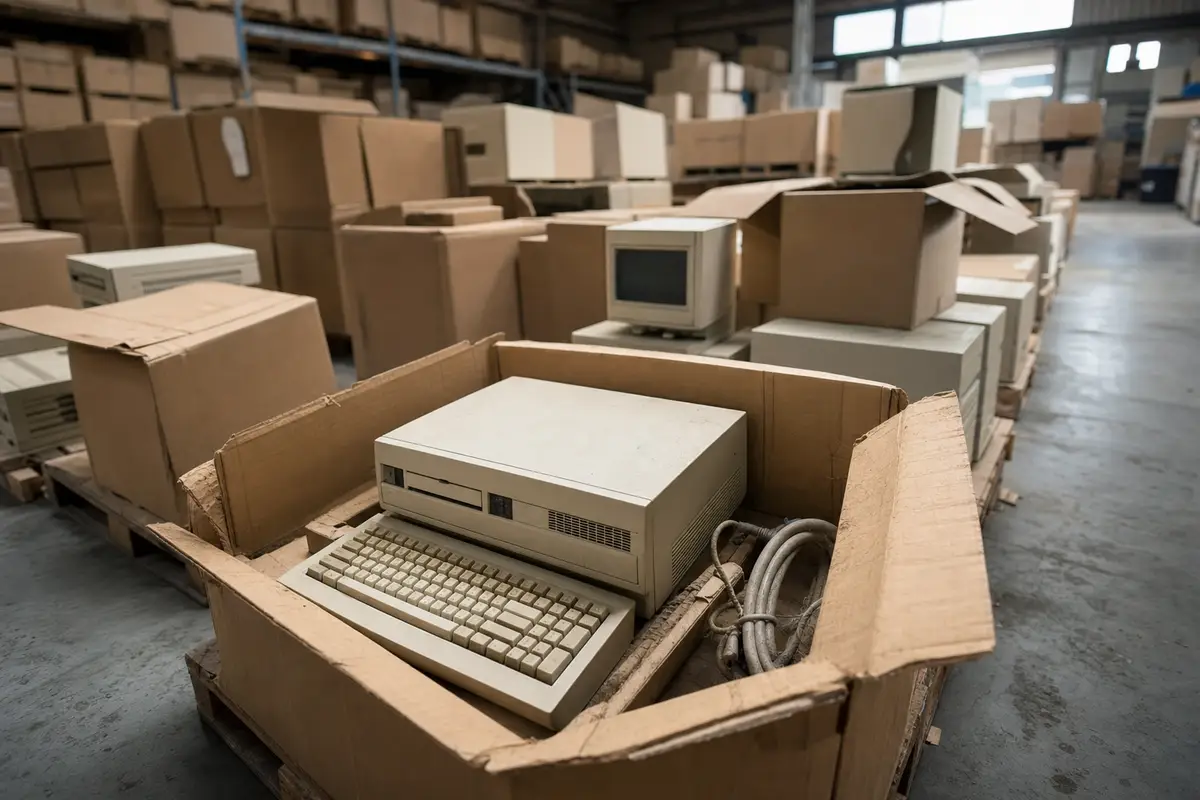 Computer vintage beige con tastiera e cavi in una scatola aperta su pallet, in un magazzino pieno di cartoni
