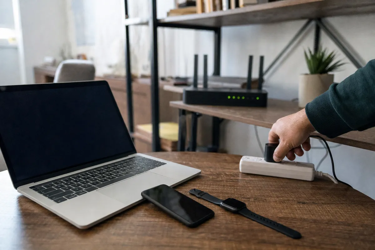 Scrivania con laptop spento, smartphone e smartwatch; una mano stacca un alimentatore da una ciabatta, router sullo sfondo