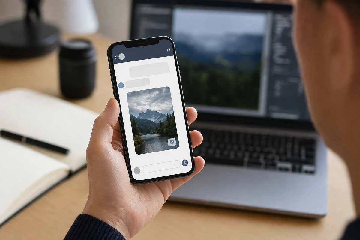 Mano che tiene uno smartphone con chat aperta e miniatura di foto, con laptop sfocato sullo sfondo