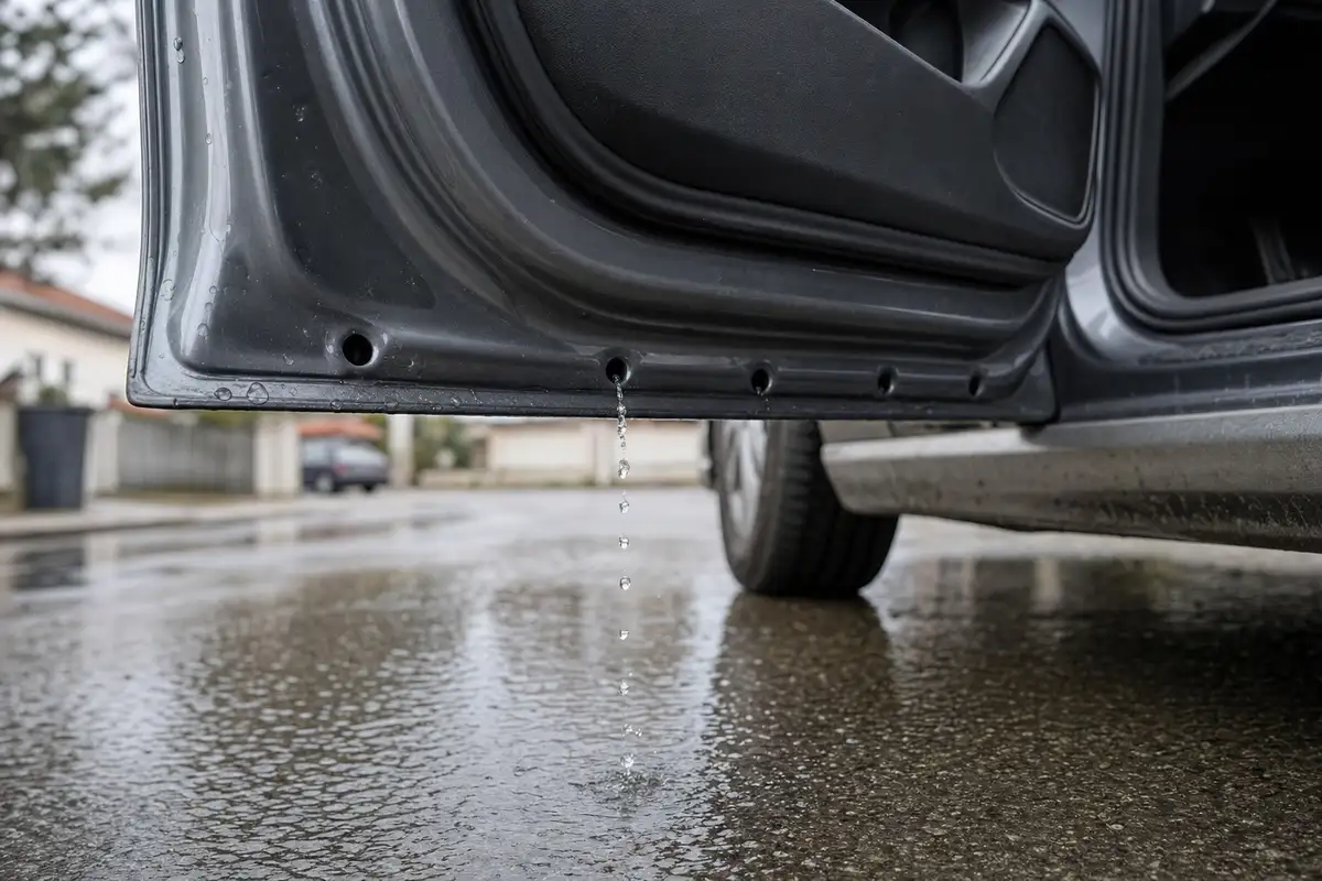 Gocce d’acqua che scendono dai fori di drenaggio sul bordo inferiore di una portiera auto aperta
