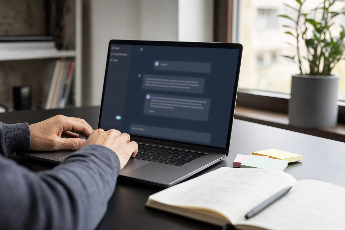Mani che digitano su un laptop con interfaccia chat sfocata, accanto a taccuino e post-it su una scrivania