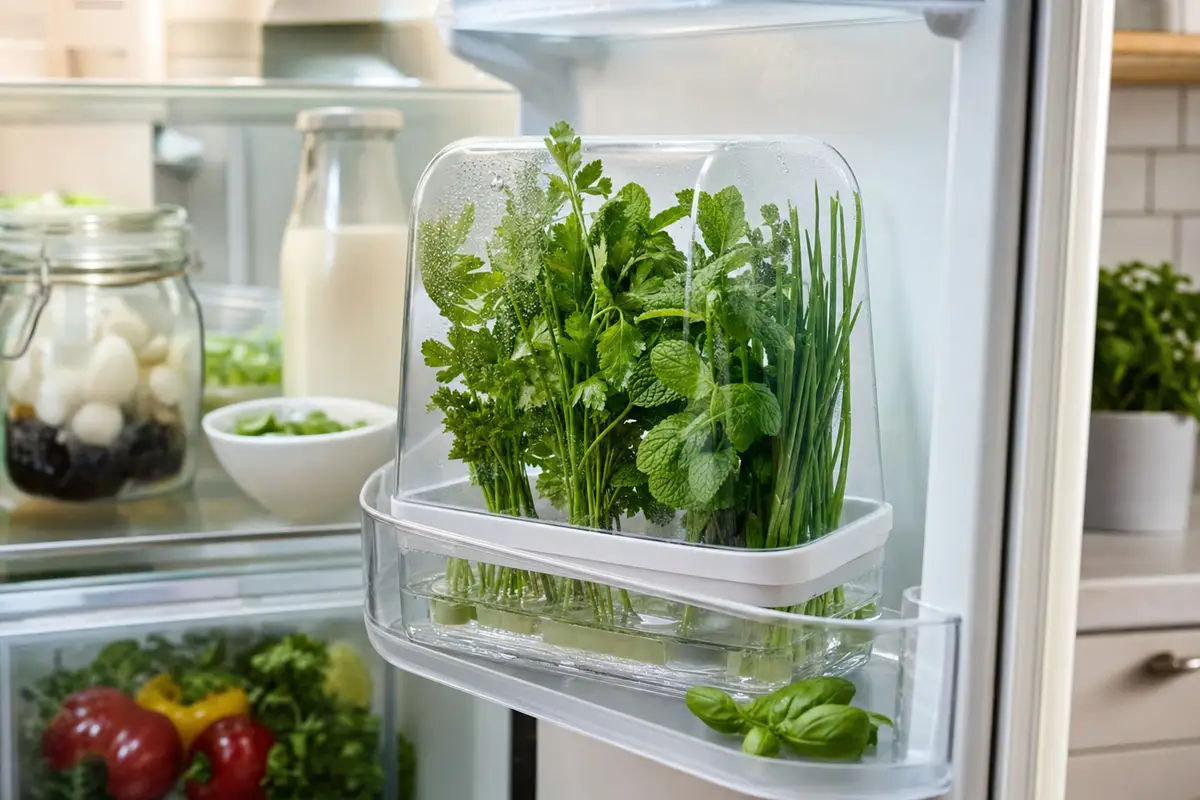 Contenitore trasparente in frigo con erbe aromatiche fresche in verticale e condensa sul coperchio