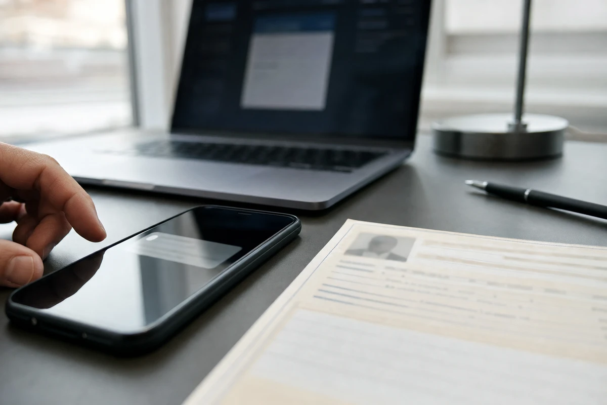 Smartphone su una scrivania vicino a un documento d’identità sfocato, con laptop sullo sfondo