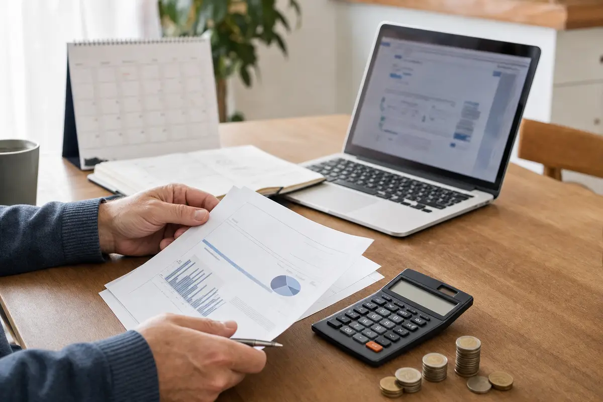Mani che esaminano documenti finanziari su un tavolo con laptop sfocato, calcolatrice, penna, monete in euro e calendario