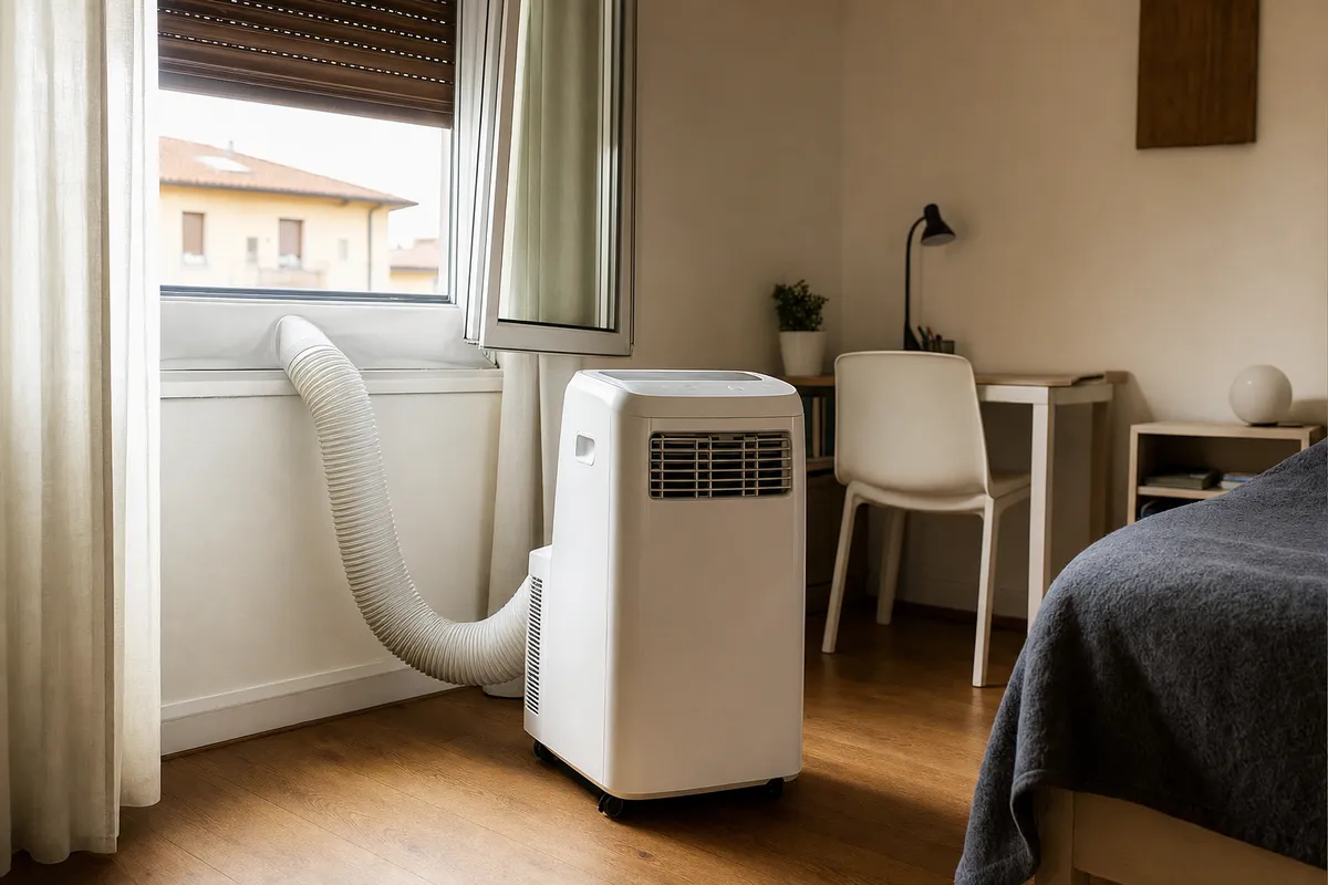 Condizionatore portatile bianco con tubo di scarico collegato a una finestra socchiusa in una camera da letto