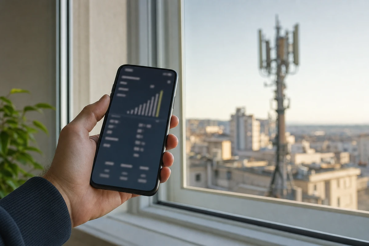 Mano che tiene uno smartphone con schermata tecnica sfocata vicino a una finestra, con antenna telefonica sullo sfondo