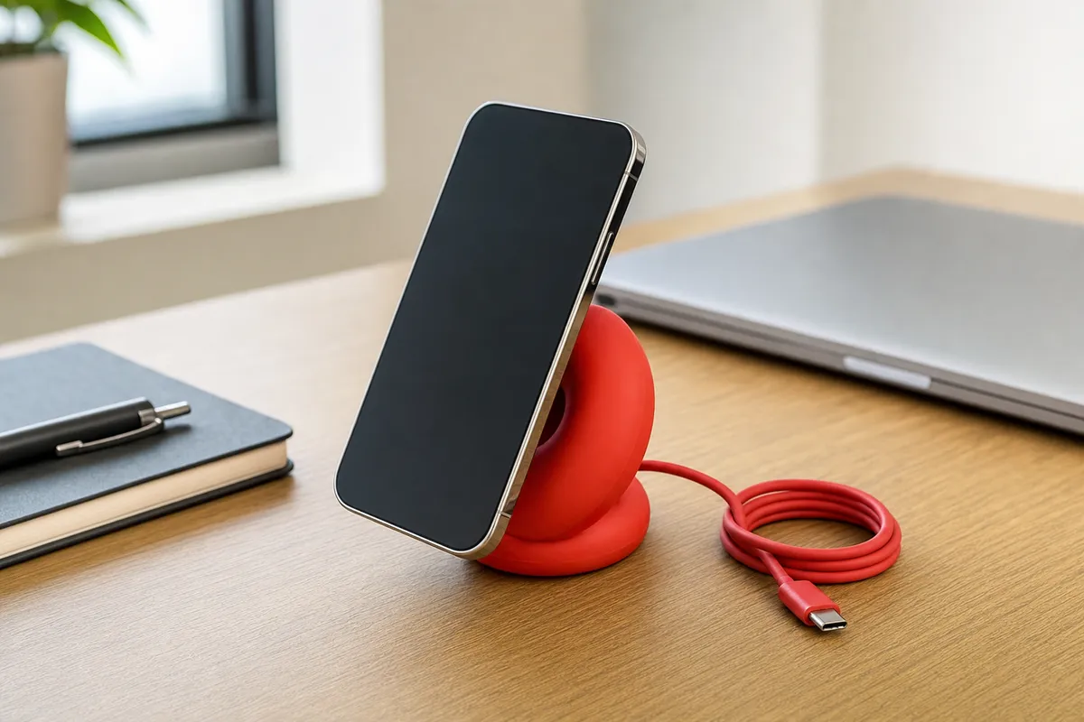 Smartphone con schermo nero appoggiato a un caricatore wireless rosso a forma di donut, con cavo USB-C arrotolato sul tavolo