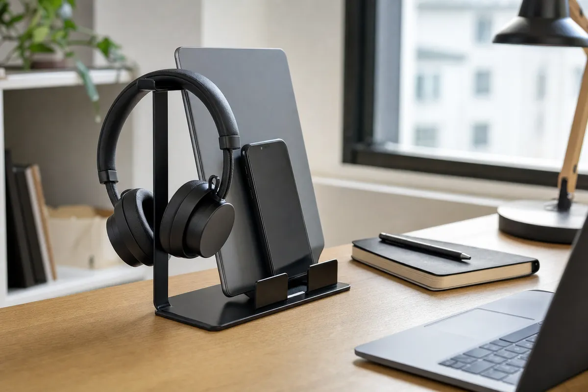 Supporto in metallo nero con cuffie, smartphone e tablet su scrivania in legno vicino a una finestra