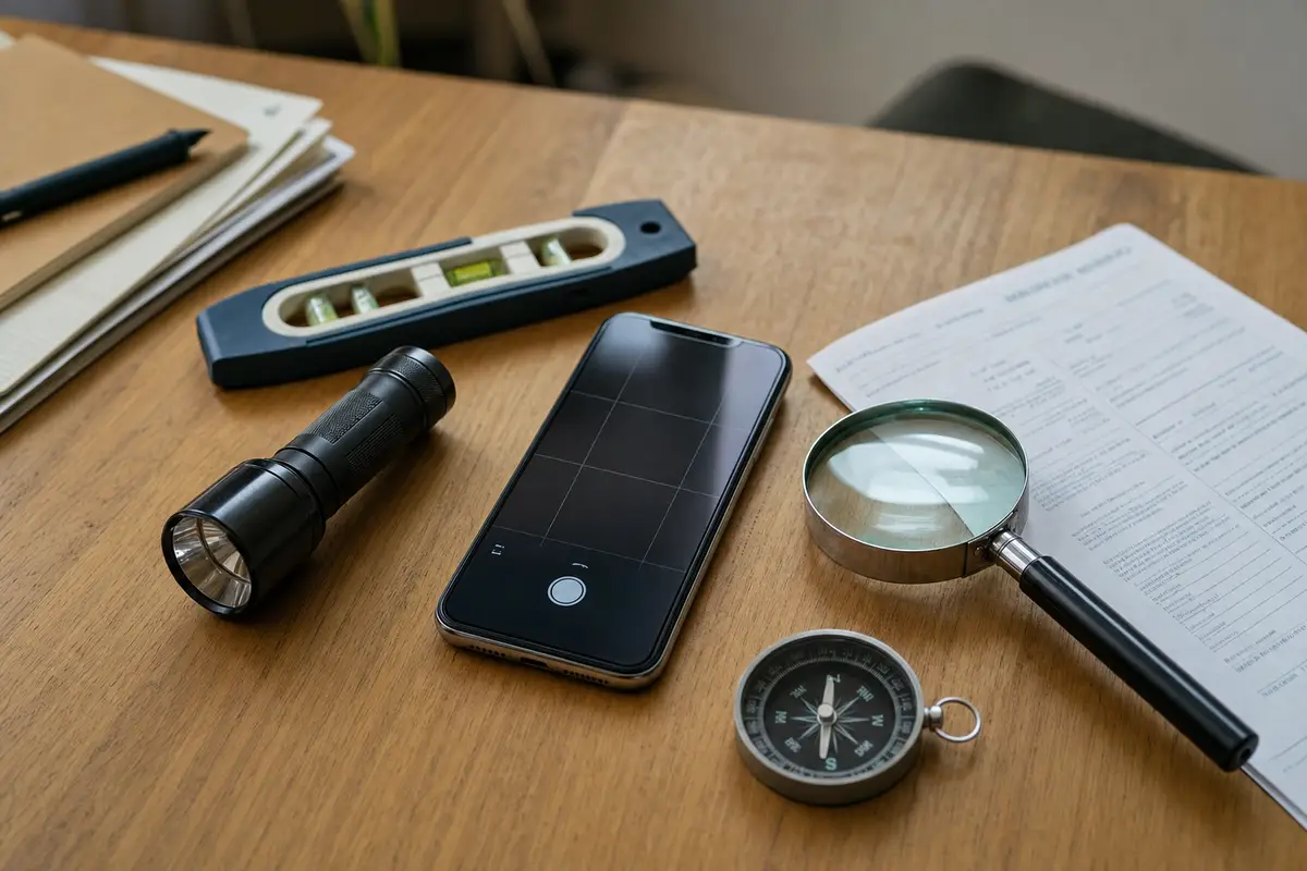 Smartphone su scrivania in legno con torcia, livella a bolla, lente d’ingrandimento, bussola e documenti