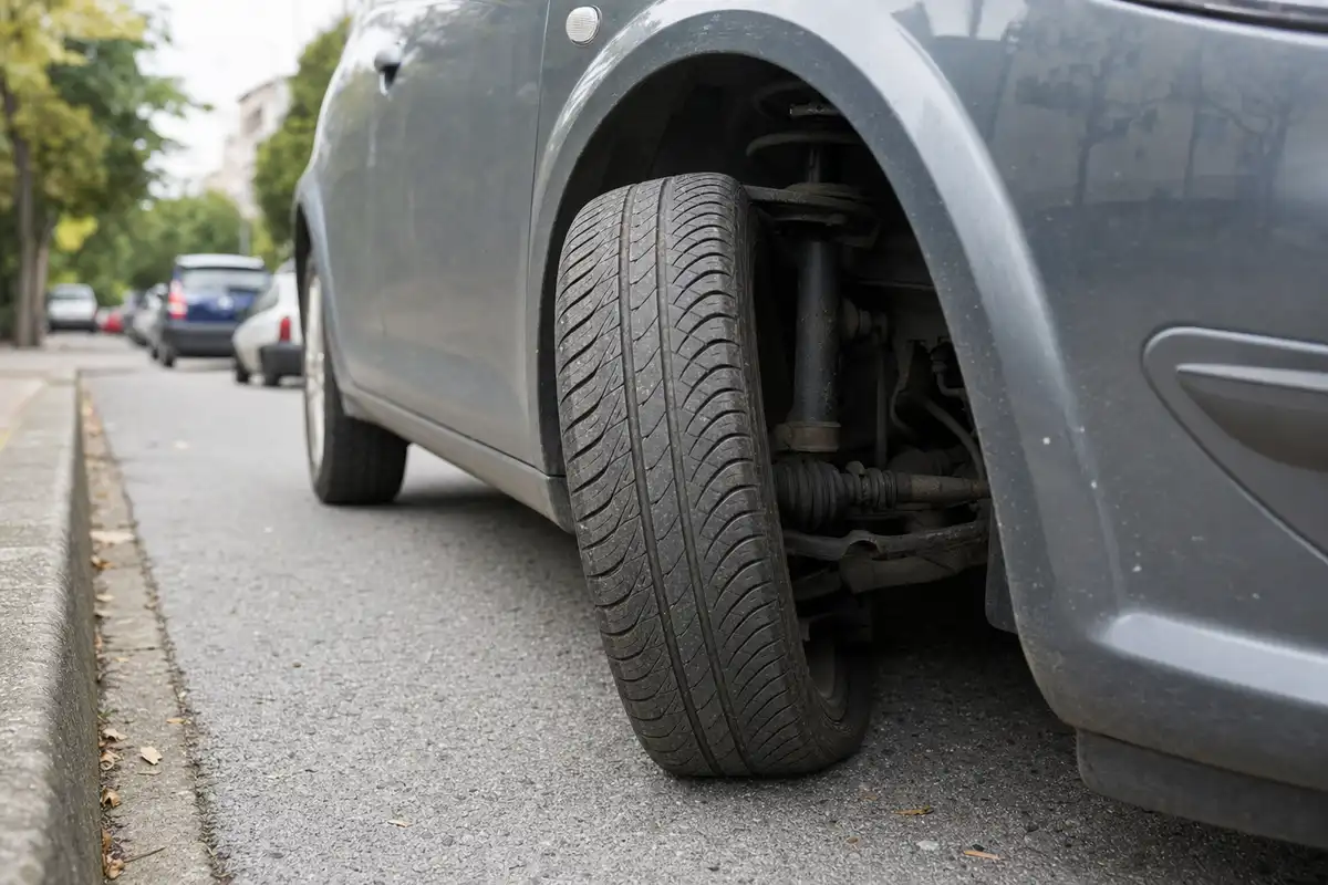 Ruota anteriore di un’auto parcheggiata con sterzo tutto girato, vista bassa vicino al marciapiede