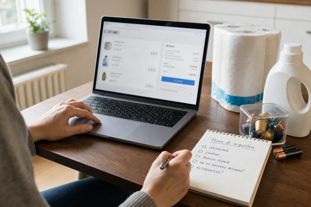 Mani davanti a un laptop con checkout online e checklist su taccuino, con carta casa, detersivo e capsule di caffè sul tavolo