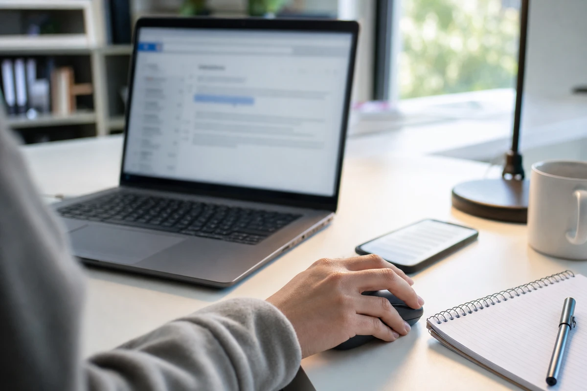 Mano sul mouse davanti a un laptop con email sfocata, smartphone sul tavolo e taccuino in un ufficio luminoso