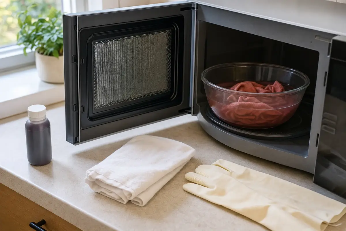 Microonde aperto con ciotola in vetro e tessuto immerso in tintura, guanti e flacone di colorante sul piano cucina