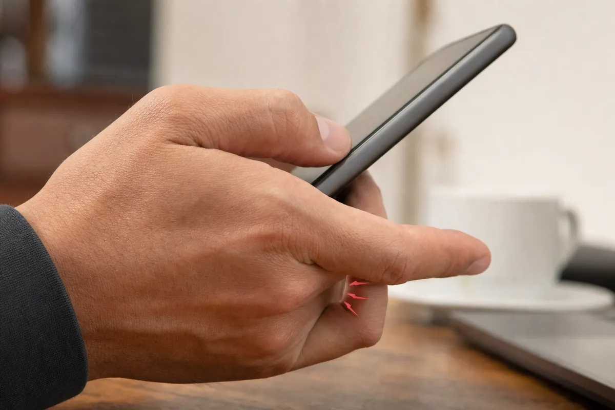 Mano che regge uno smartphone con il mignolo piegato sotto la base, evidenziato da frecce rosse