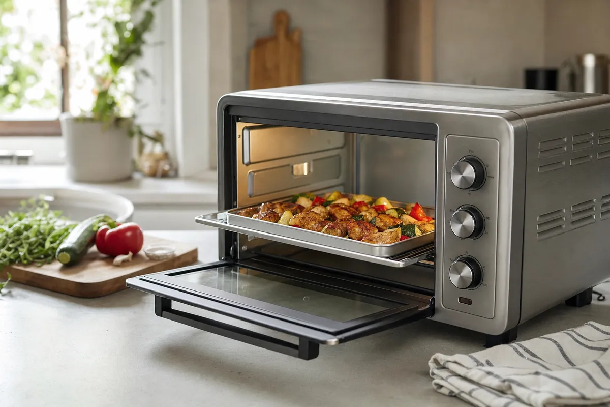 Mini forno da banco in acciaio con sportello aperto e teglia di verdure e bocconcini arrosto in cucina