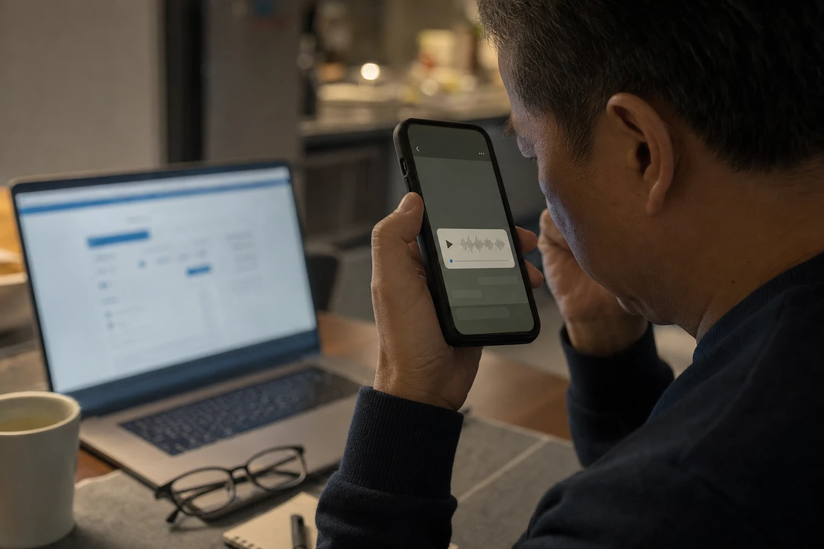 Uomo preoccupato ascolta un messaggio vocale sullo smartphone, con laptop di home banking sfocato sul tavolo