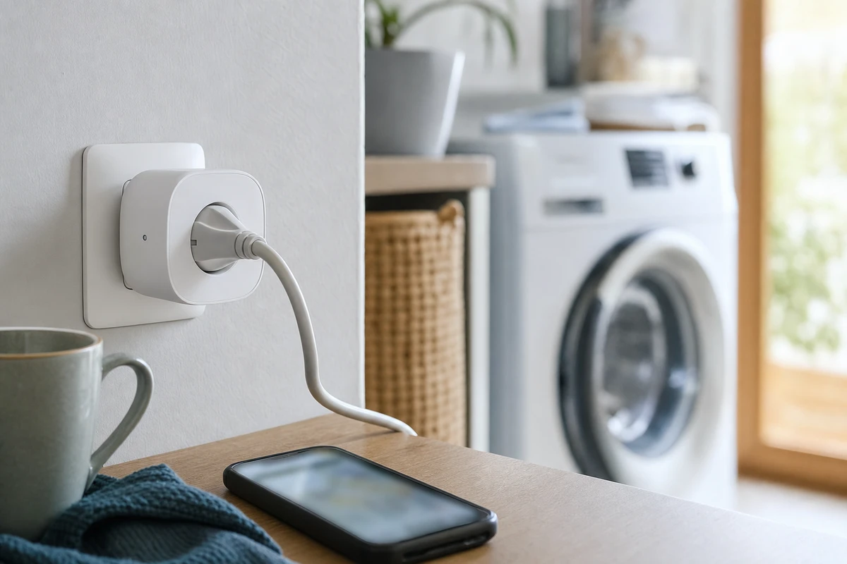 Smart plug bianca in una presa a muro con cavo collegato, smartphone sul tavolo e lavatrice sfocata sullo sfondo