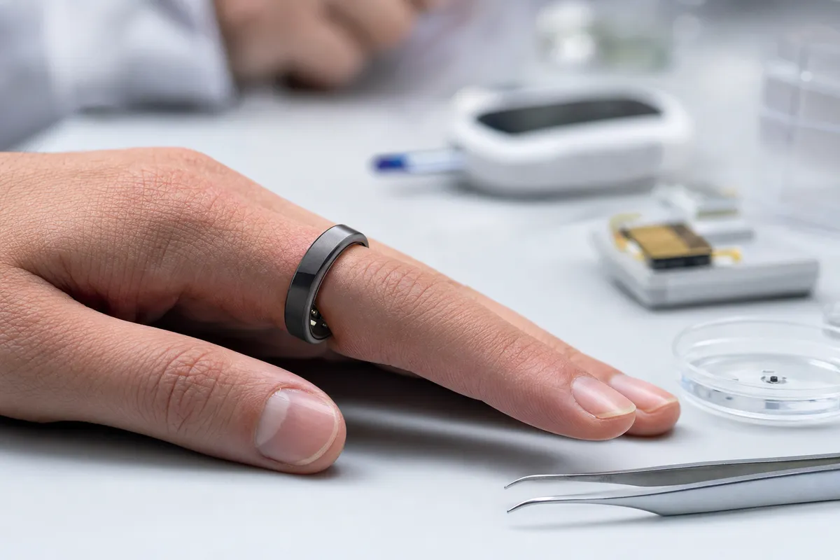 Mano su un banco di laboratorio con smart ring scuro al dito e strumenti di ricerca sfocati sullo sfondo